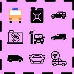Simple 9 icon set of car related gasoline, car engine, car and minibus vector icons. Collection Illustration