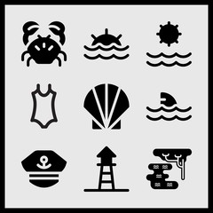 Simple 9 set of Summer related shark, swamp, sunset and sun vector icons