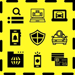 Simple 9 icon set of online related car on laptop, smartphone, search engine and credit card vector icons. Collection Illustration