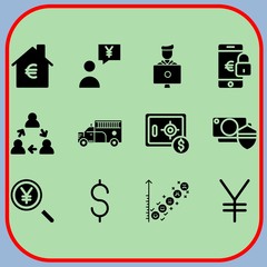 Simple 12 icon set of business related dollar, yen, user and mortgage vector icons. Collection Illustration