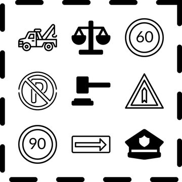 Simple 9 icon set of law related speed limit, no parking, turn right and police cap vector icons. Collection Illustration