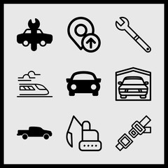 Simple 9 icon set of car related train, car, wrench and pick up truck side view silhouette vector icons. Collection Illustration