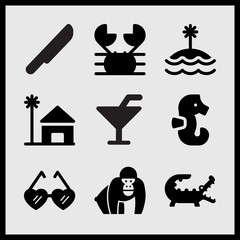 Simple 9 set of Summer related crab, crocodile, beach house and seahorse vector icons