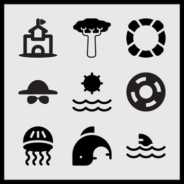 Simple 9 set of Summer related jellyfish, sand castle, floating tire and lifebuoy vector icons