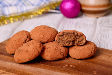 Chocolate chip cookies on the wood board