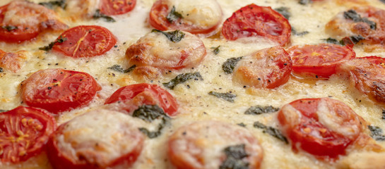 Frische gesunde Italienische Pizza mit Tomaten und Mozzarella aus dem Holzofen, Panorama