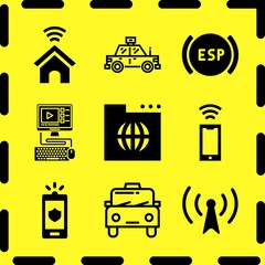 Simple 9 icon set of online related cab, computer, smartphone and esp vector icons. Collection Illustration