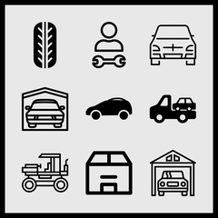 Simple 9 icon set of car related wheel frontal view, garage, truck with another car and station wagon vector icons. Collection Illustration