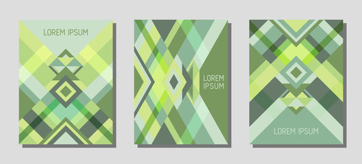 Cover page layout vector template, green geometric design with triangles and stripes pattern.