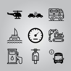 Simple 9 icon set of transport related bus with compass, motorcycle, catamaran and fender bender vector icons. Collection Illustration