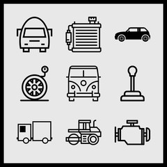 Simple 9 icon set of car related volskwagen van, radiator, bus and motor vector icons. Collection Illustration