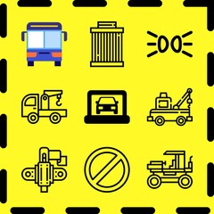 Simple 9 icon set of business related bus, car parts, car parts and parking lights vector icons. Collection Illustration