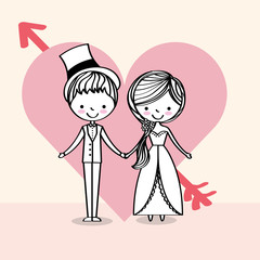 cute wedding couple on love heart vector illustration