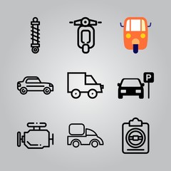 Simple 9 icon set of transport related motorbike, engine, truck and driving test vector icons. Collection Illustration