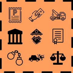 Simple 9 icon set of legal related parking ticket, handcuffs, car run over man and parking ticket vector icons. Collection Illustration