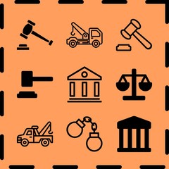 Simple 9 icon set of legal related auction, tow truck, mallet and auction vector icons. Collection Illustration