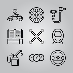 Simple 9 icon set of electronics related oil, tool, car and train vector icons. Collection Illustration