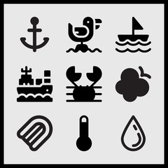 Simple 9 set of Summer related sailboat, sea drop, flying butterfly and sailor tattoo vector icons