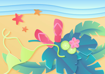 Top view of summer holidays poster illustration with bra, sea star, slippers, palm tropical leaves and flowers.