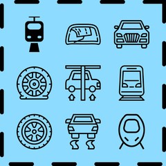 Simple 9 icon set of travel related train, wiper, streetcar and flat tire vector icons. Collection Illustration