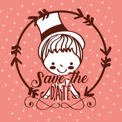 cute cartoon groom wedding save the date label retro vector illustration