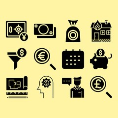 Money, calendar and burning house related premium icon set