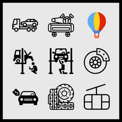 Simple 9 icon set of car related car repair, tire, cable car cabin and brand new car with dollar price tag vector icons. Collection Illustration