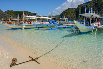 Asian boat on the beach in El Nido Philippines. Palawan.