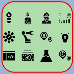 Simple 12 icon set of business related flasks, idea, growth and robotic arm vector icons. Collection Illustration