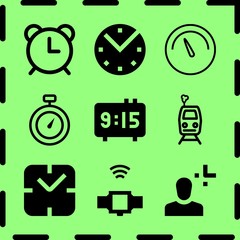 Simple 9 icon set of time related speedometer circular outlined tool symbol, clock, alarm and clock vector icons. Collection Illustration