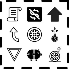 Simple 9 icon set of finance related up arrow, wheel, yield and piggy bank vector icons. Collection Illustration