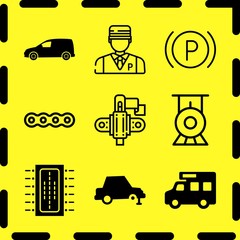 Simple 9 icon set of business related changing tire, parking, mini van and connection vector icons. Collection Illustration