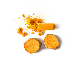 Turmeric powder on white background