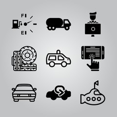 Simple 9 icon set of electronics related student, submarine, fuel counter and car vector icons. Collection Illustration