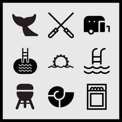 Simple 9 set of Summer related caravan, whale tail, seashell and swimming pool vector icons