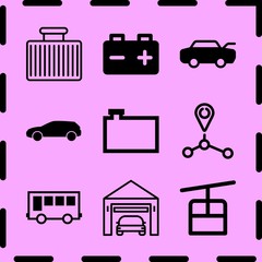 Simple 9 icon set of car related route, hood open, water tank for vehicles and filter vector icons. Collection Illustration