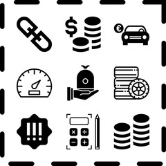 Simple 9 icon set of finance related dashboard, money, calculator and money vector icons. Collection Illustration