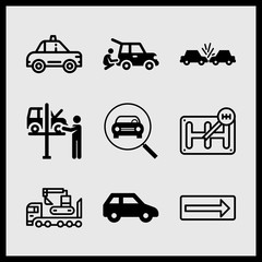 Simple 9 icon set of car related three door car, car crash, gear shift and car vector icons. Collection Illustration