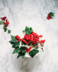 Red currant in a bowl, berries and leaves scattered on marble table