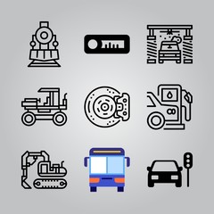 Simple 9 icon set of transport related excavator, bus, excavator and brakes vector icons. Collection Illustration