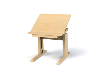 Children's small wooden table. School desk with adjustable height on a white background. Isolated.
