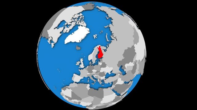 Zooming on Finland on slowly rotating political globe. 3D animation.