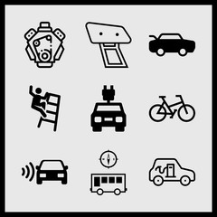 Simple 9 icon set of car related car, bus with a compass, car and trunk open vector icons. Collection Illustration