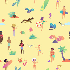 Vector summer beach seamless pattern. Top view of the beach with people doing activities.