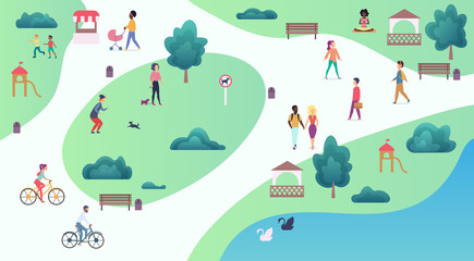 Fototapeta na wymiar Top map view of various people at park walking and performing leisure outdoor sport activities. City park vector illustration.