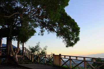 Beautiful landscape and a pavilion with trees at sunrise in the morning in Hualien, Taiwan