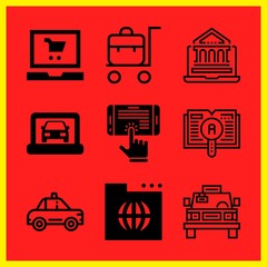 Simple 9 icon set of online related ebook, learning, car on laptop and cab vector icons. Collection Illustration