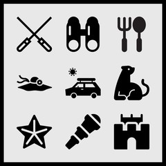 Simple 9 set of Summer related holiday trip, telescope, skewers and sand castle vector icons