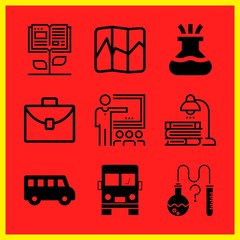 Simple 9 icon set of edication related science, classroom, flask and school bus vector icons. Collection Illustration
