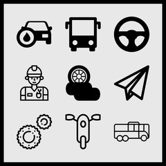 Simple 9 icon set of car related gears, bus front view, three wheels and car with oil sign vector icons. Collection Illustration